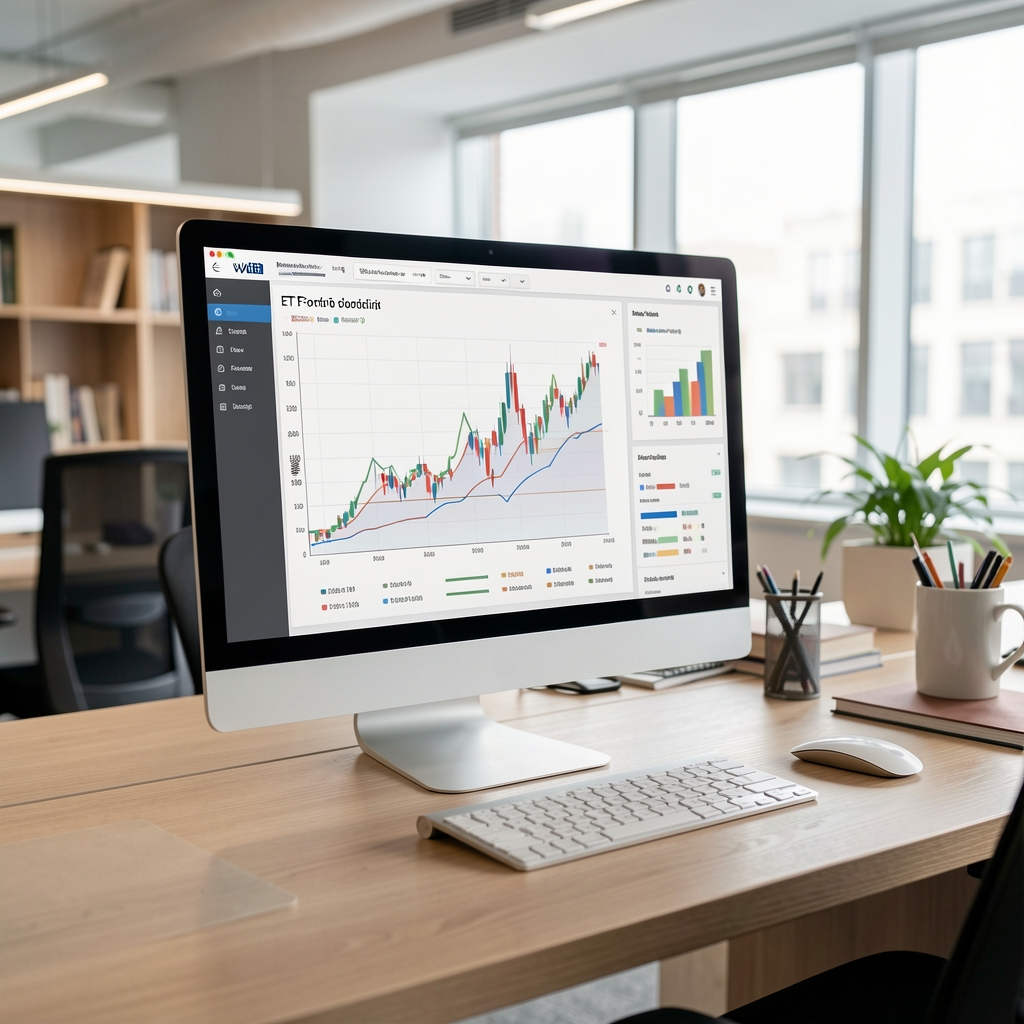 Graf vývoje investičního portfolia ETF fondů na monitoru počítače v moderní kanceláři