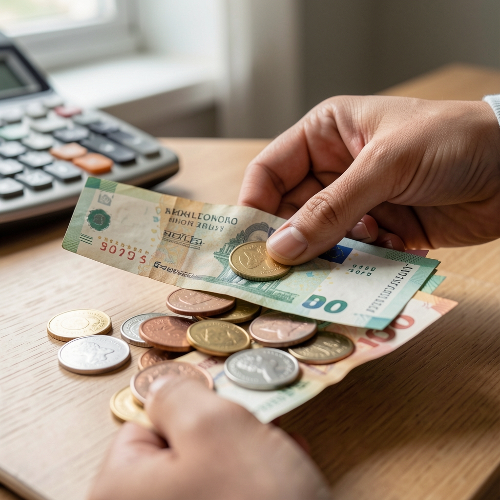 Detailní záběr na ruce počítající bankovky a mince – správa hotovosti a rodinných výdajů