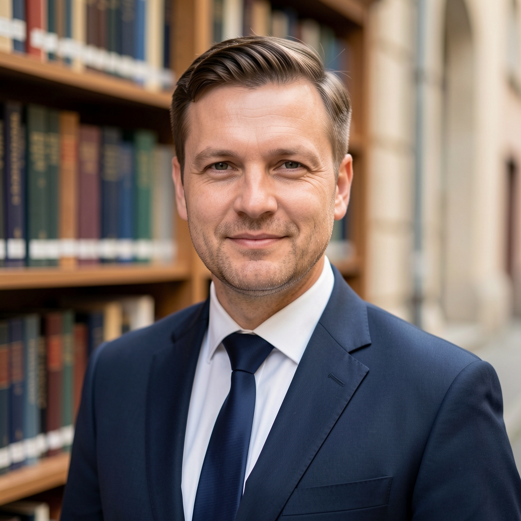 Radek Šimánek, daňový poradce a lektor daňové optimalizace, muž v obleku před knihovnou s právní literaturou